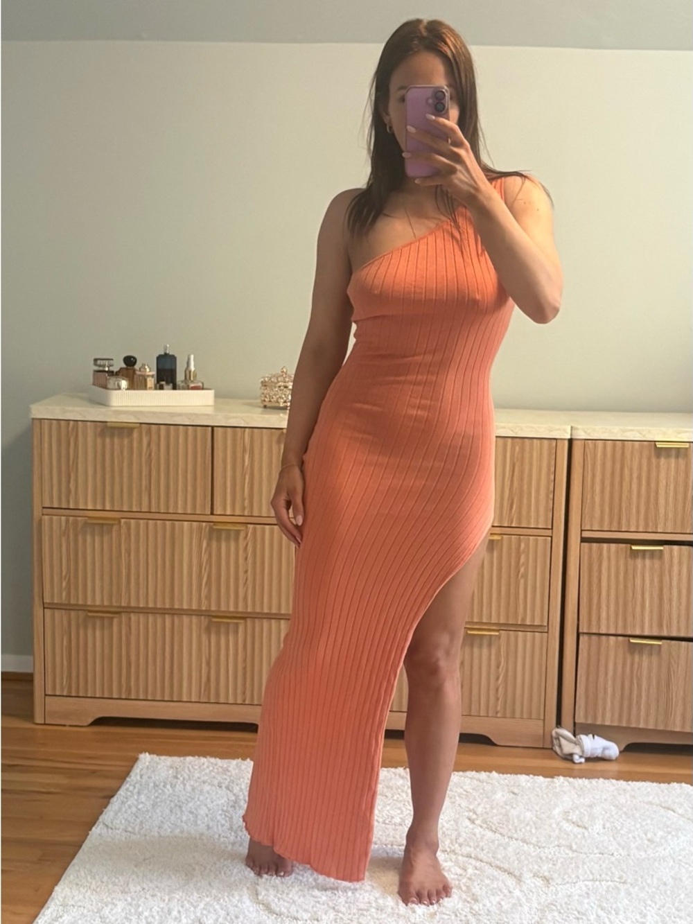 Fashion Nova One-Shoulder Ribbed Maxi Dress in Coral Orange